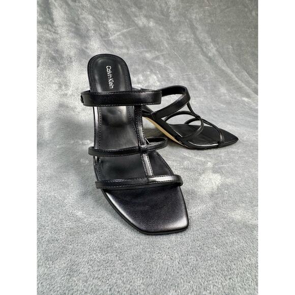 New! Calvin Klein Black Leather Strappy Heeled S Sandals Woman's Size 9 - Picture 1 of 8